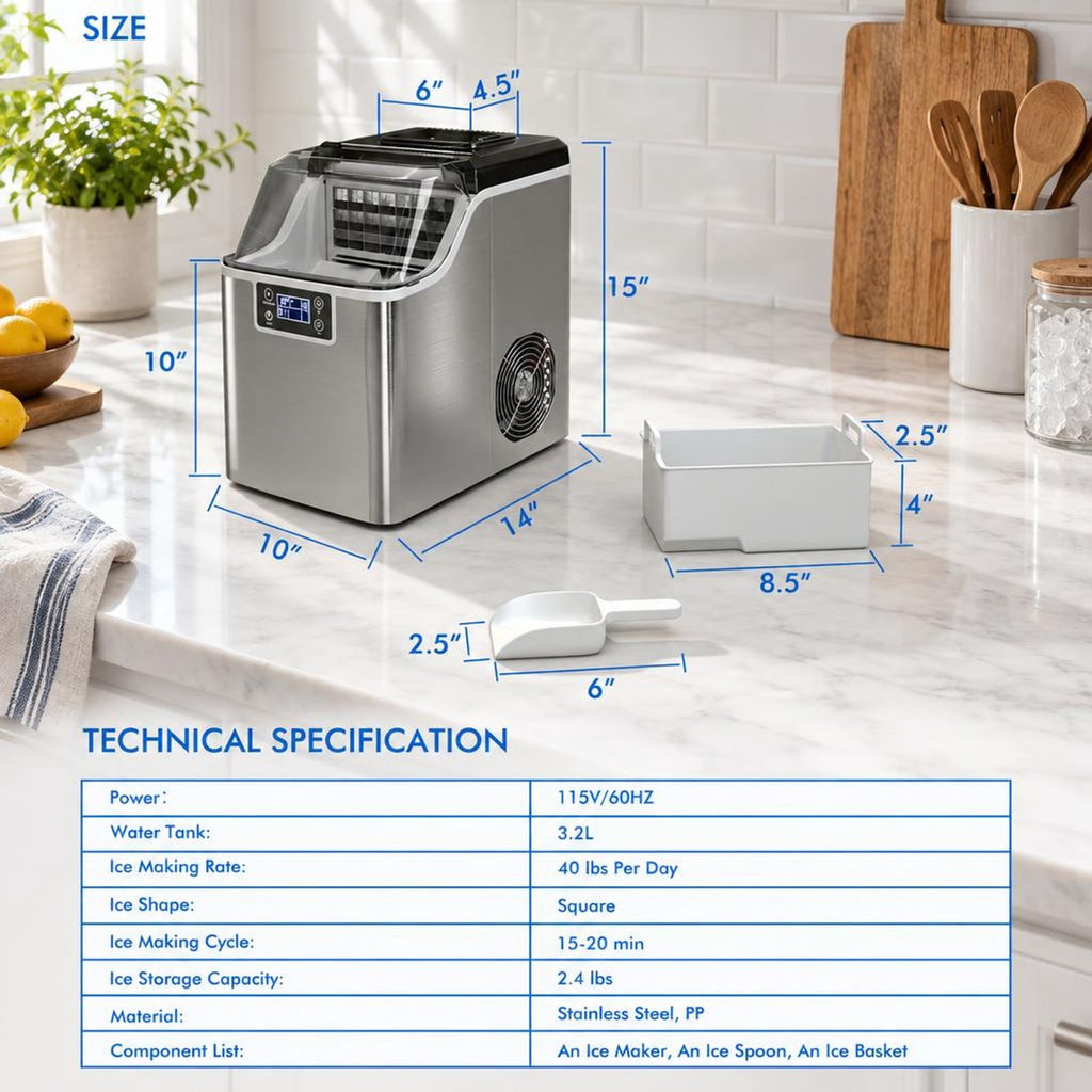 Airfind Electric Countertop Ice Maker with Ice Scoop and Basket, Stainless steel PP Frame, 10 x 14 x 15 Footprint, Silver