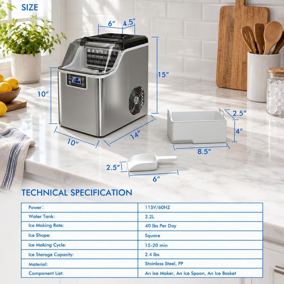 Airfind Electric Countertop Ice Maker with Ice Scoop and Basket, Stainless steel PP Frame, 10 x 14 x 15 Footprint, Silver