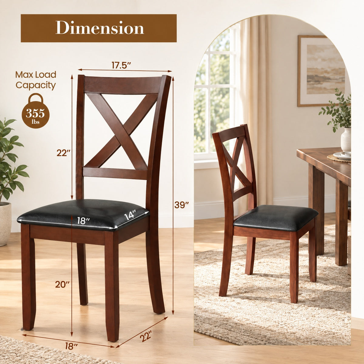 Airfind Set of 2 Wooden Kitchen Dining Chair with Padded Seat and Rubber Wood Legs, Capacity 355 lbs Capacity, 18 x 22 x 39 Footprint, Black