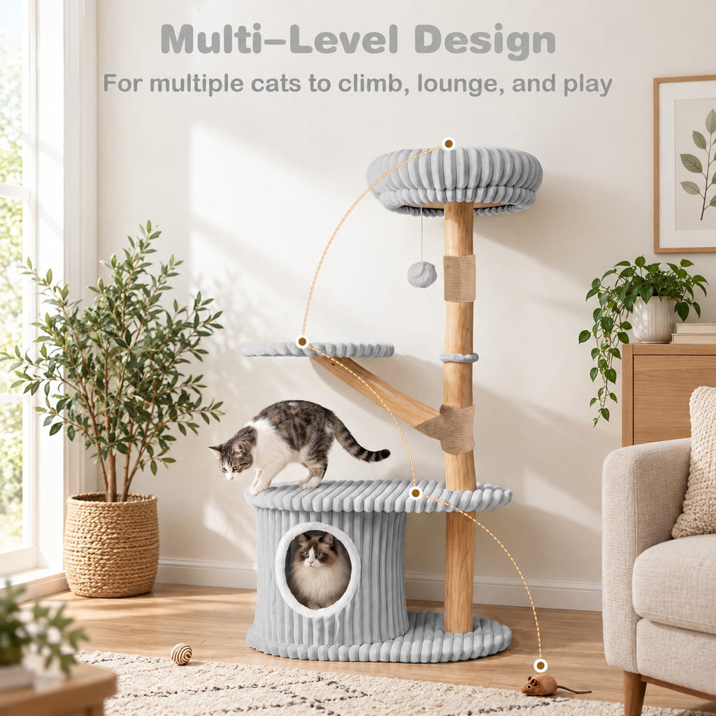 Airfind 41 Inch Tall Modern Cat Tower with Real Wood Branches Scratching Posts for Indoor, Gray, a distinctive shape and rich wood grain