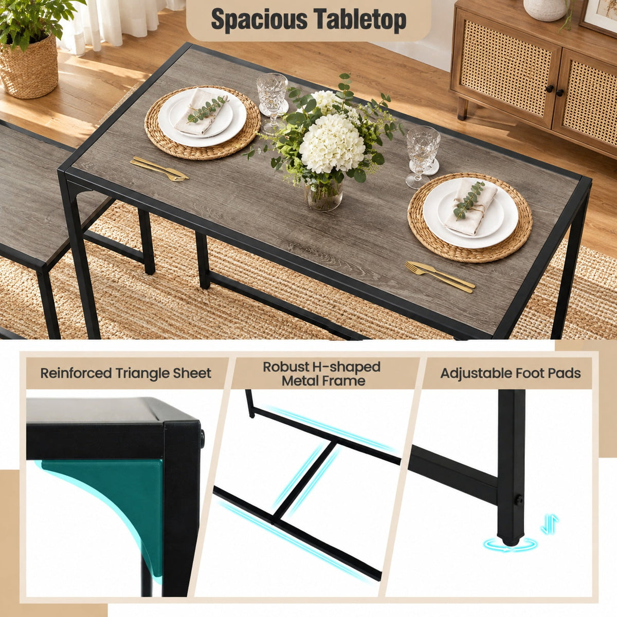 Airfind 3 Pieces Dining Set Compact Table and 2 Chair with Metal Frame for Small Space, 200 lbs Capacity, Engineered Wood Metal Frame, Rustic Brown