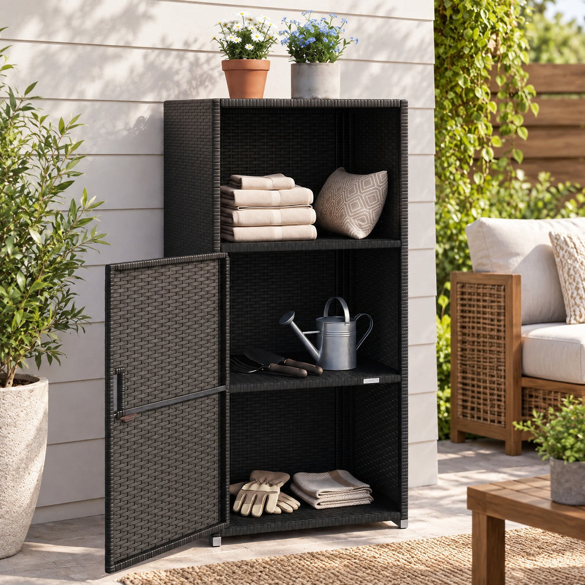 Airfind Outdoor PE Wicker Storage Cabinet with Door and Open Compartment for Patio, Shelf 66 lbs Capacity, PE Rattan Metal Frame, Black
