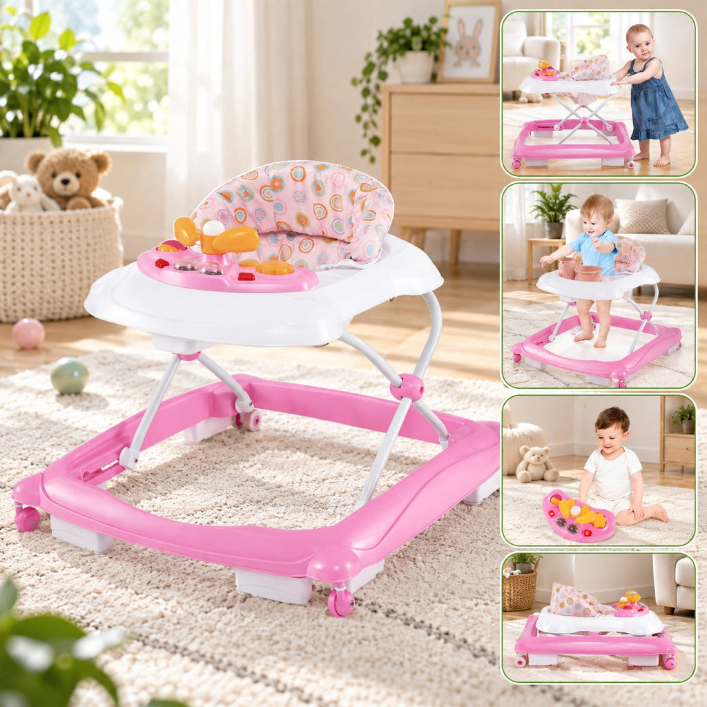 Airfind Foldable Baby Walker with 3 Adjustable Heights and Padded Seat, 26.5 lbs Capacity, PP Frame, for 7-14 months, Pink