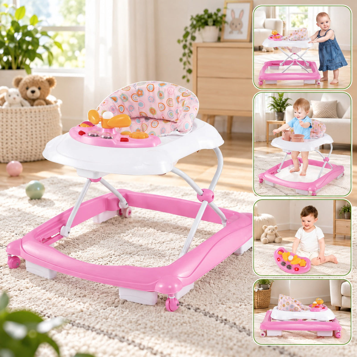 Airfind Foldable Baby Walker with 3 Adjustable Heights and Padded Seat, 26.5 lbs Capacity, PP Frame, for 7-14 months, Pink