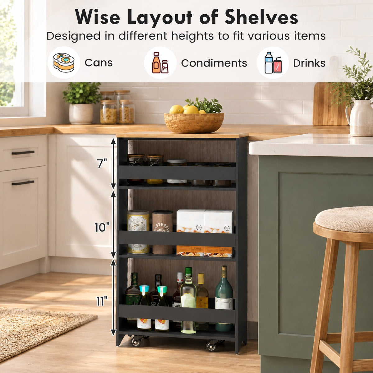 Airfind 4-Tier Rolling Storage Cart Slim Kitchen Cart on Wheels with Open Shelves and Handle, 15 lbs Capacity, Engineered Wood Metal Frame, Black