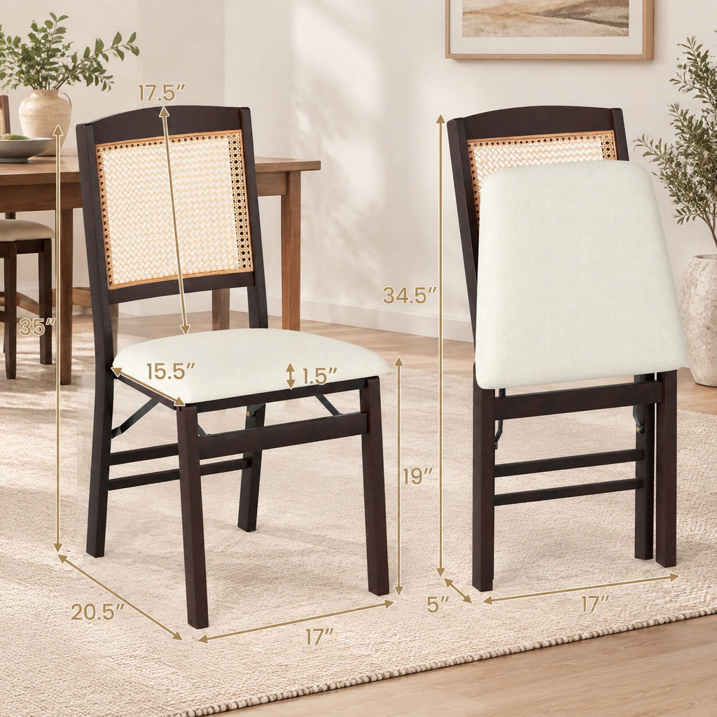 Airfind Folding Dining Chairs Set of 2 Rubber Wood Chairs with Linen Padded Seat, 400 lbs Capacity, Rubber Wood PE Rattan Linen Fabric Sponge Frame