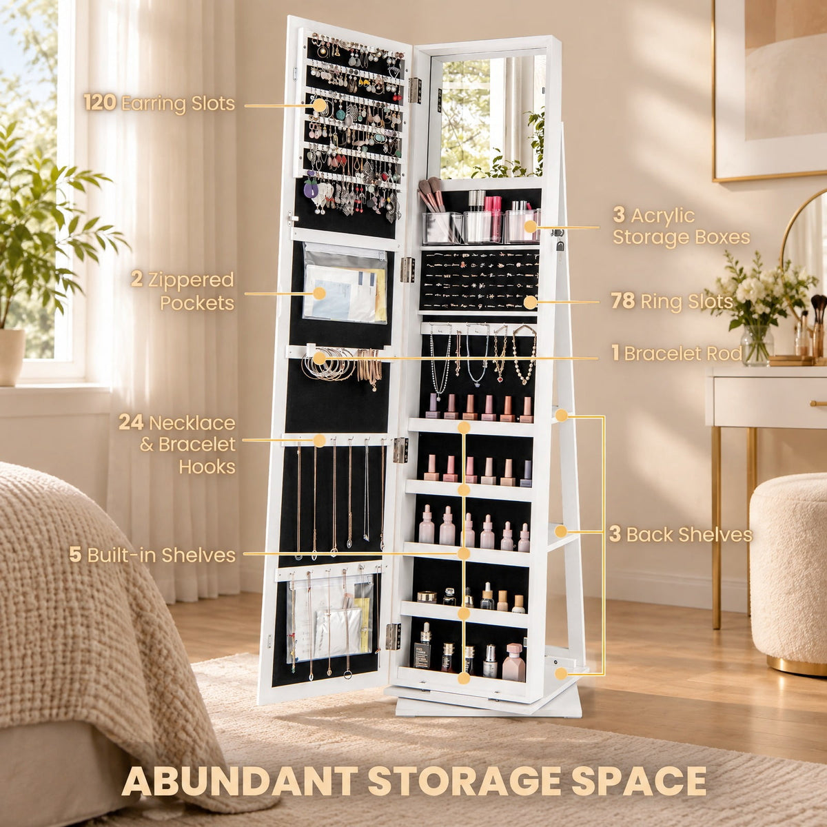 Airfind 360° Swivel Jewelry Armoire Standing Jewelry Organizer with Full Length Mirror and Back Shelves, MDF Glass Frame, White