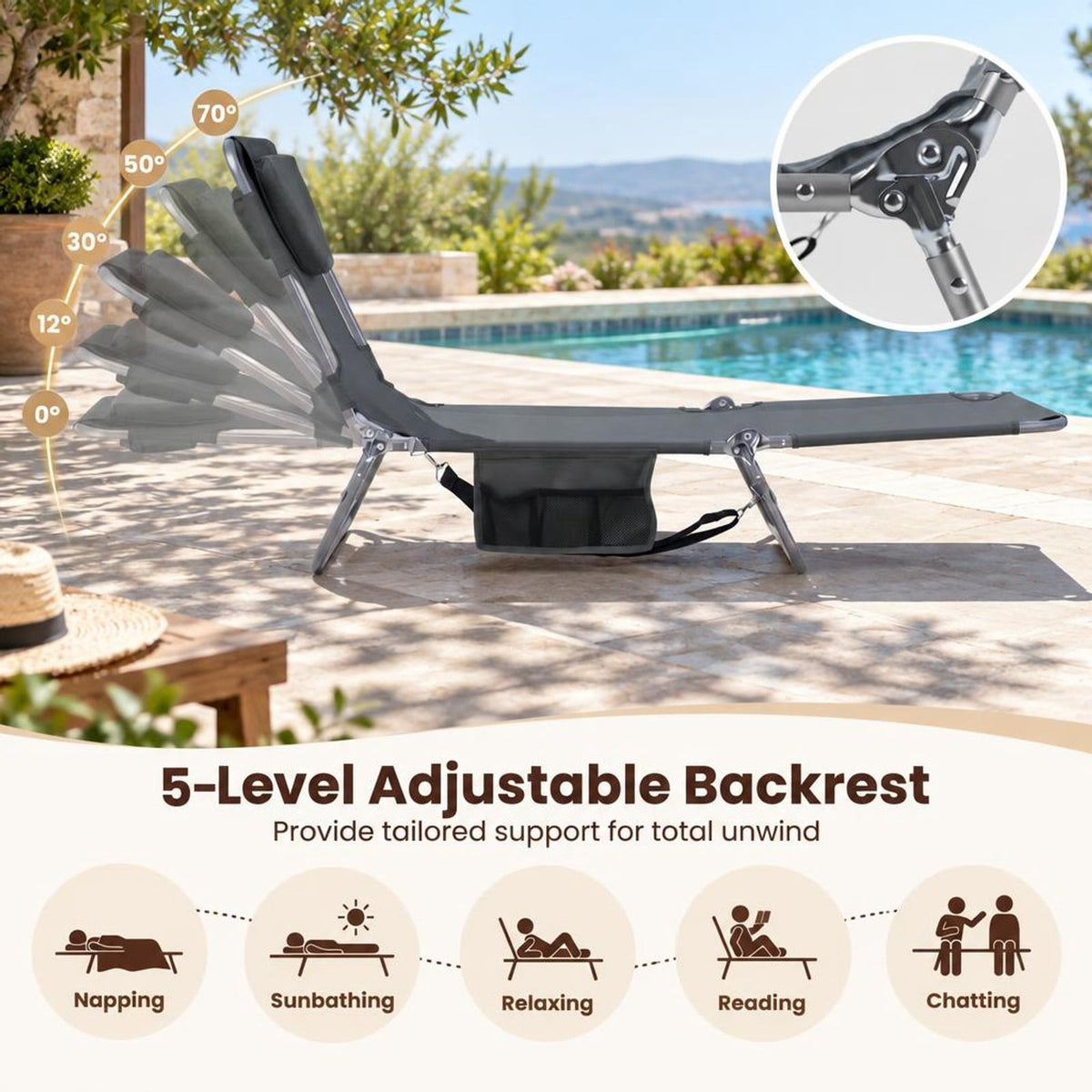 Airfind Folding Beach Lounge Chair with Adjustable Backrest for Lawn, 330 lbs Capacity, Metal Oxford Fabric Polyester Sponge Frame, Gray