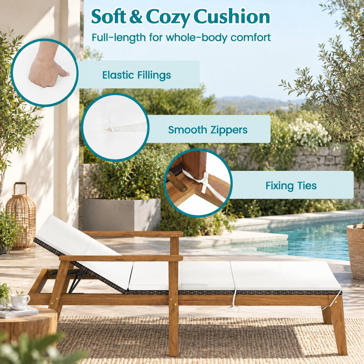 Airfind Outdoor Chaise Lounge Chair Rattan Patio Recliners with Armrests, Solid acacia wood frame for strong support