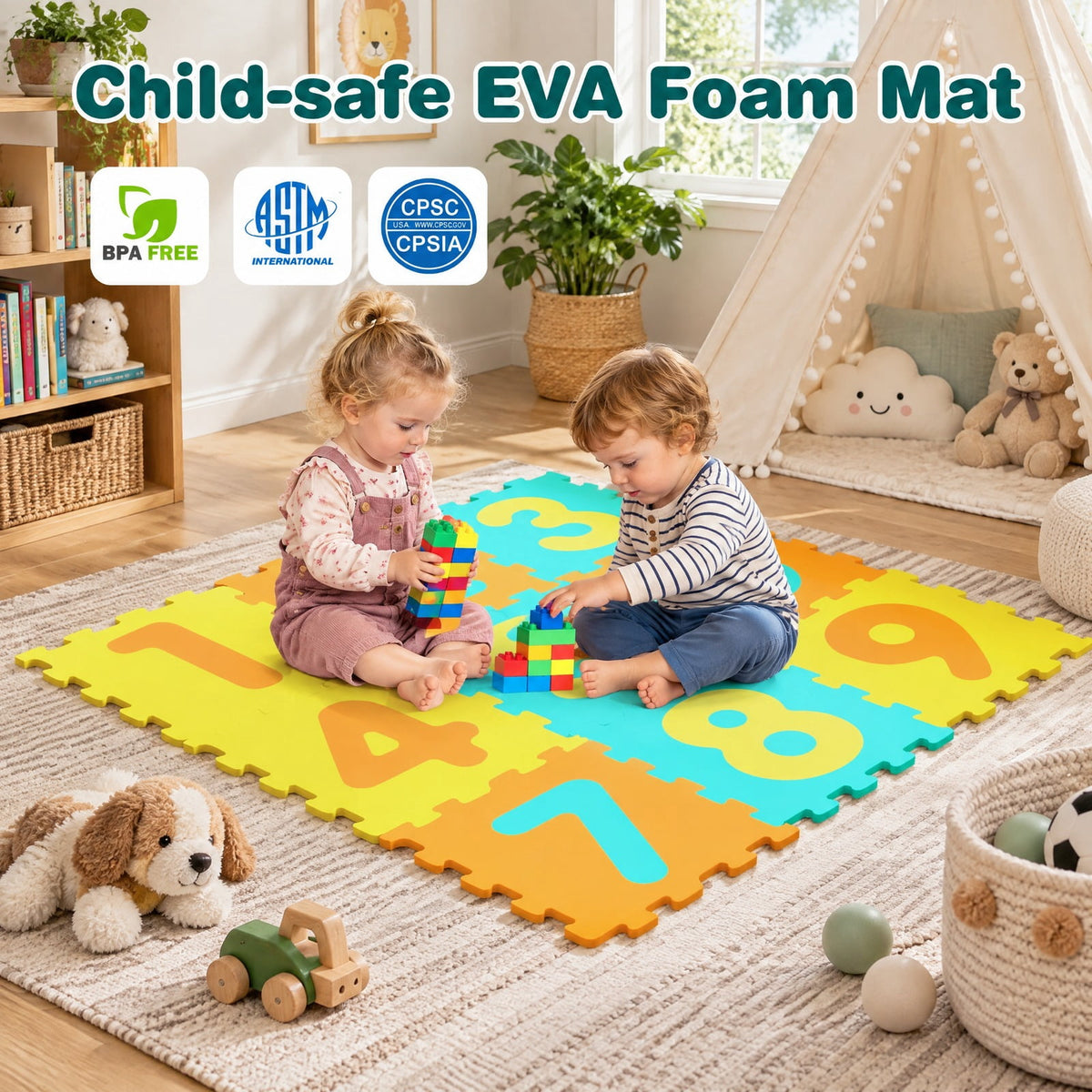 Airfind 9 Pieces Interlocking Foam Puzzle Floor Mat with 3 Marker Discs, EVA Foam Single Piece Frame, for 10 Months+, 71.5 Inch x 24.5 Inch Footprint