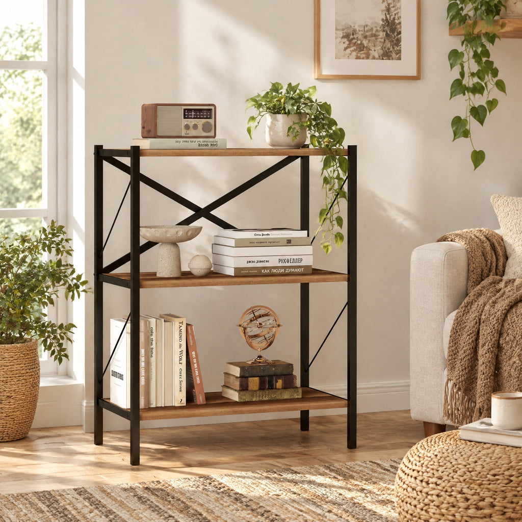 Airfind 3-Tier Bookshelf with Heavy, 5.5 lbs Capacity, Metal Engineered Wood Frame, Walnut, Product Dimensions 26 x 14 x 33.5 Spa