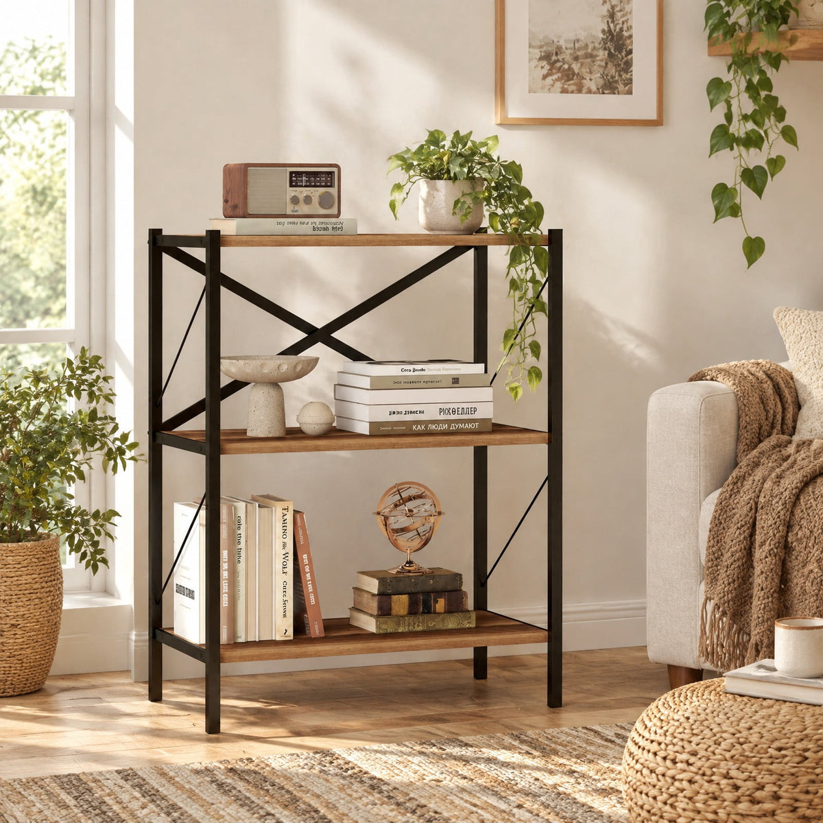 Airfind 3-Tier Bookshelf with Heavy, 5.5 lbs Capacity, Metal Engineered Wood Frame, Walnut, Product Dimensions 26 x 14 x 33.5 Spa