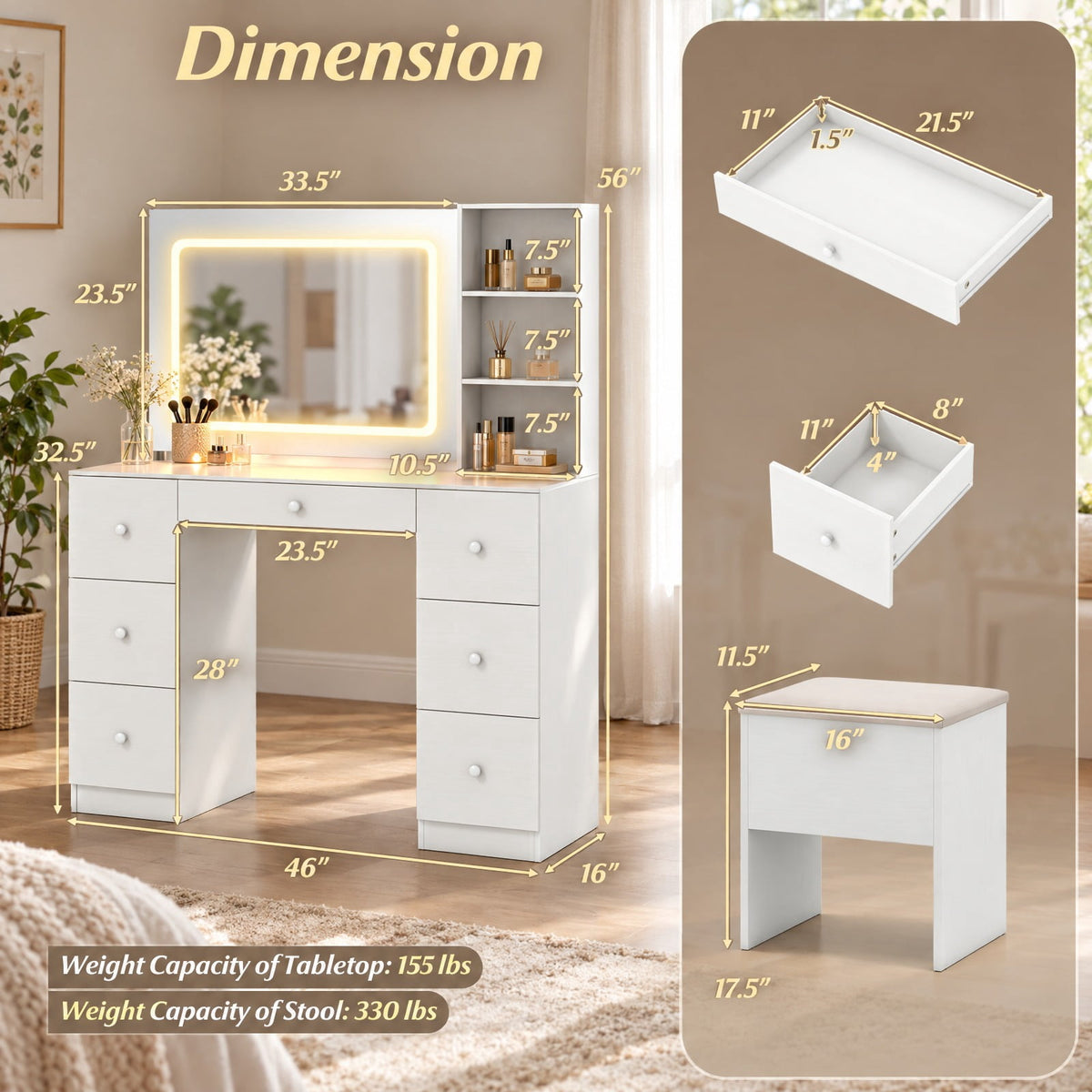 Airfind Vanity Desk with Mirror and Lights Makeup Dressing Table Vanity Table and Stool Set, 155 lbs Capacity, Engineered Wood Frame, White