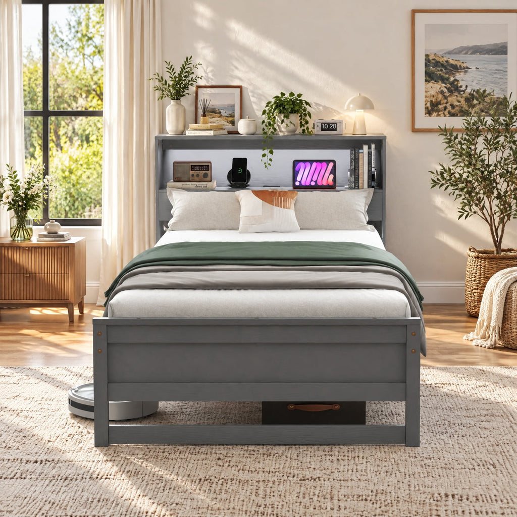 Airfind Twin Size Bed Frame with Storage Headboard and Charging Station, 200 lbs Capacity, Plywood Pine Wood MDF Engineered Wood Frame, Gray