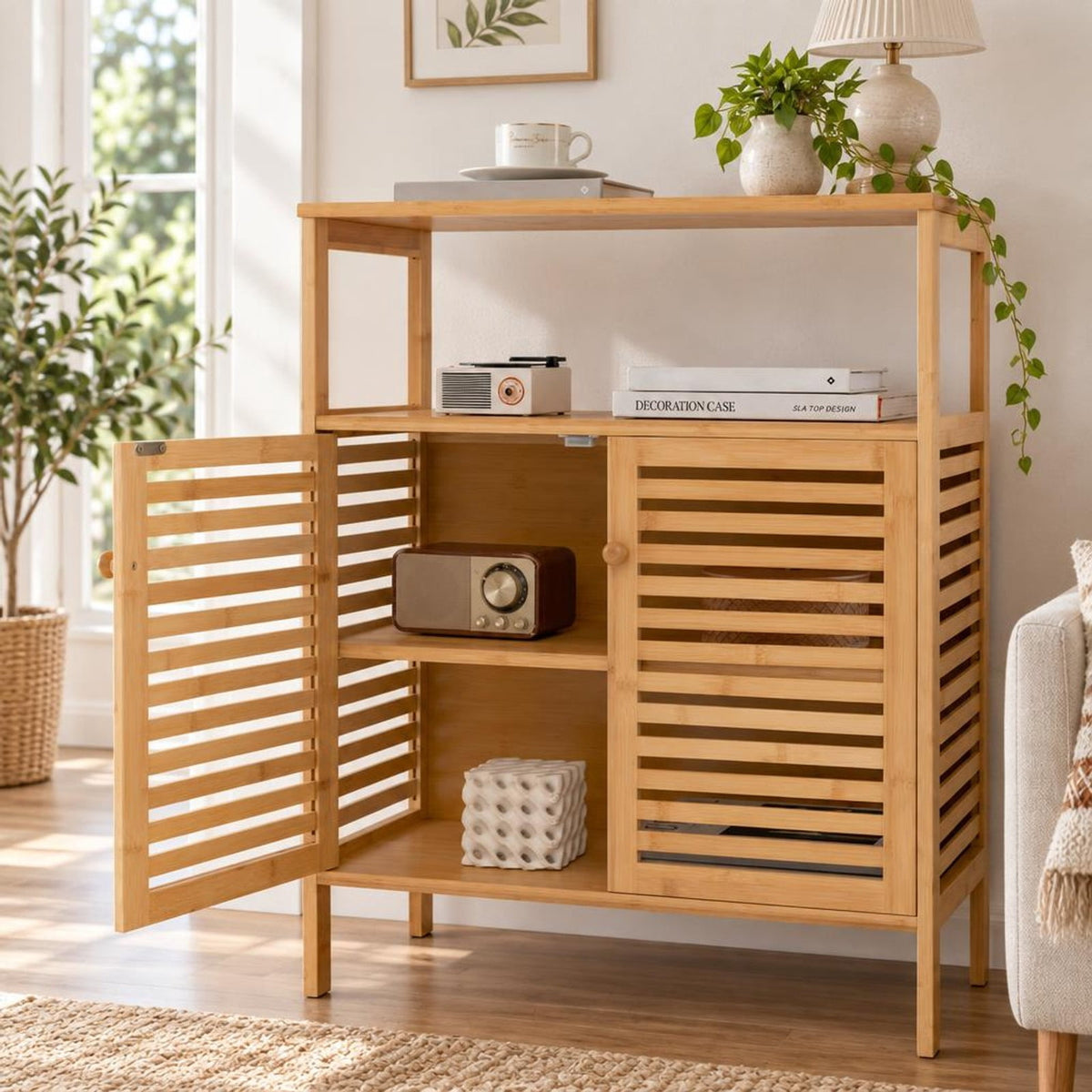 Airfind Bamboo Bathroom Floor Storage Cabinet with Shutter Doors, 145 lbs Capacity, Bamboo MDF Frame, Natural