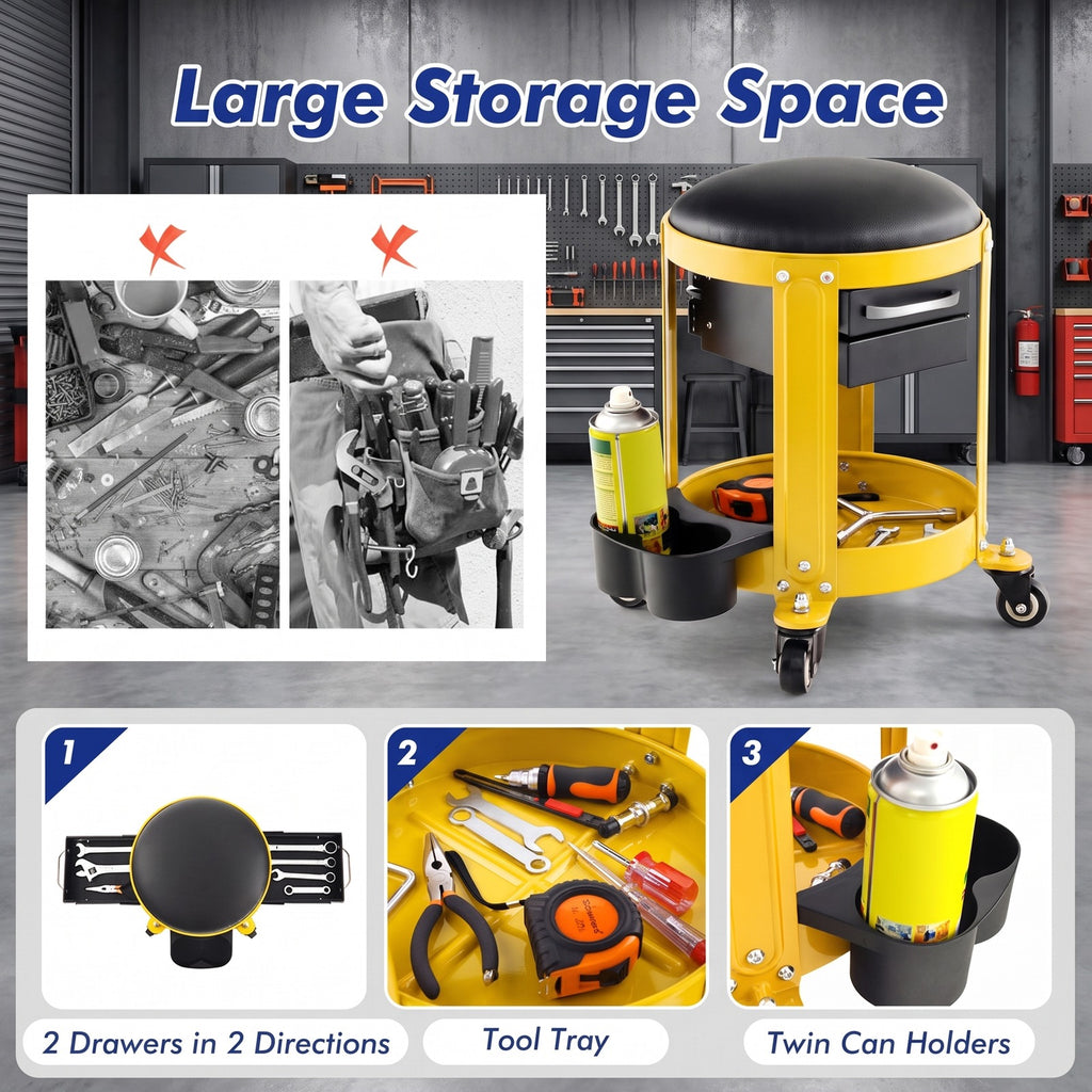 Airfind Rolling Mechanic Stool with Removable Padded Seat and Drawers, 330 lbs Weight Capacity of Tool Tray: 155 lbs Capacity, 16 x 17 Footprint
