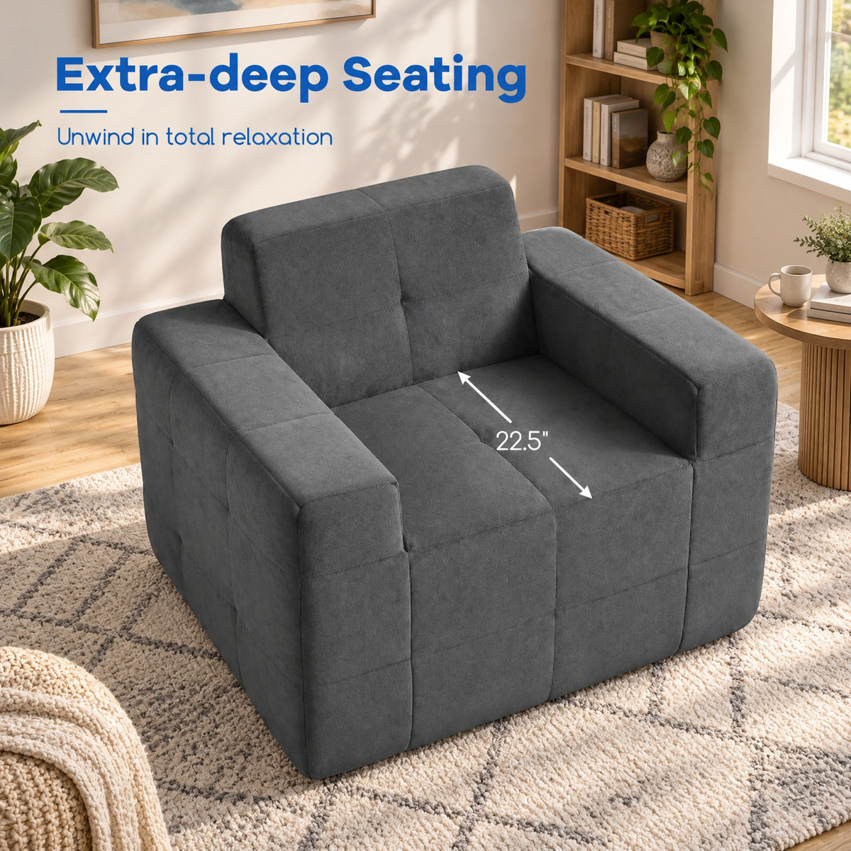 Airfind Boneless Single Sofa Chair Cloud Sofa with Terry Cloth Upholstery, 352 lbs Capacity, Terry Cloth Sponge Frame, Gray