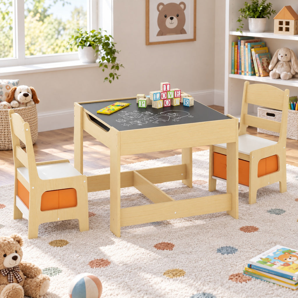 Airfind Kids Table Chairs Set With Storage Boxes Blackboard Whiteboard Drawing, P2 MDF Applicable age 3-7 Years Frame, 24.5 Inch x 24.5 Inch x 19 Inch Footprint