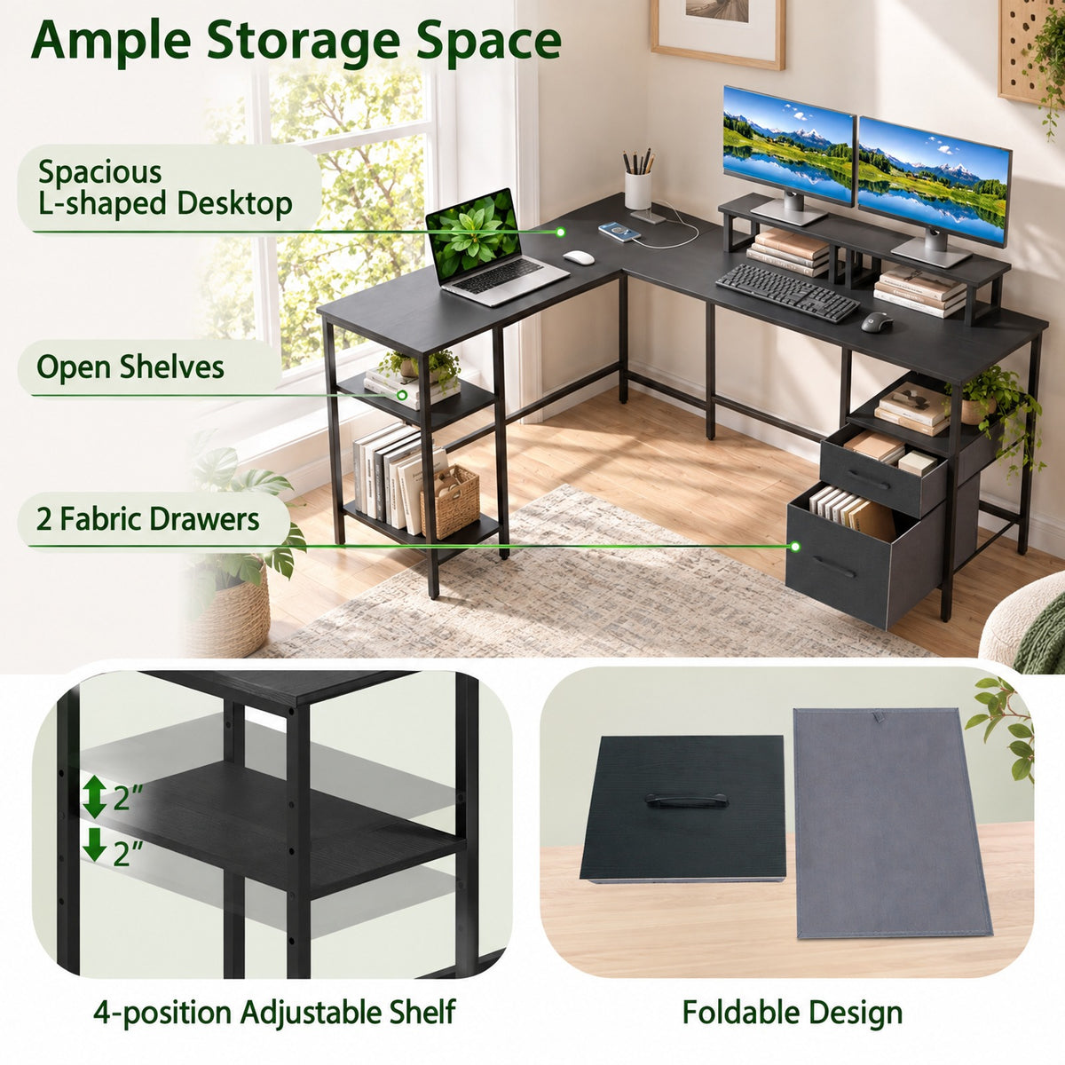 Airfind L Shaped Desk with Power Outlet Reversible Computer Desk with Monitor Stands, 155 lbs Capacity, Engineered Wood Metal Fabric Frame, Black
