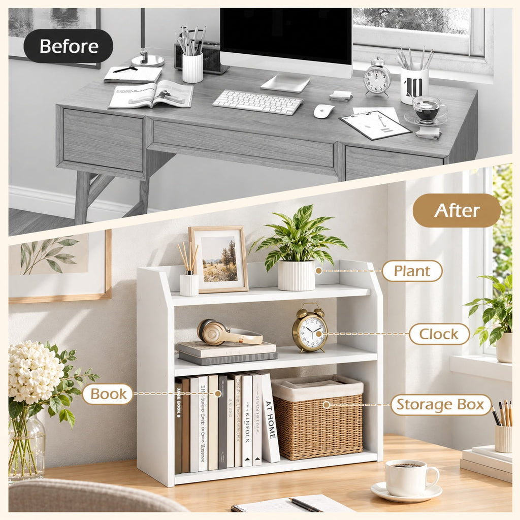Airfind 3-Tier Desktop Bookshelf Wooden Countertop Bookcase with Raised Top Guardrails, 33 lbs Capacity, Engineered Wood Frame, White