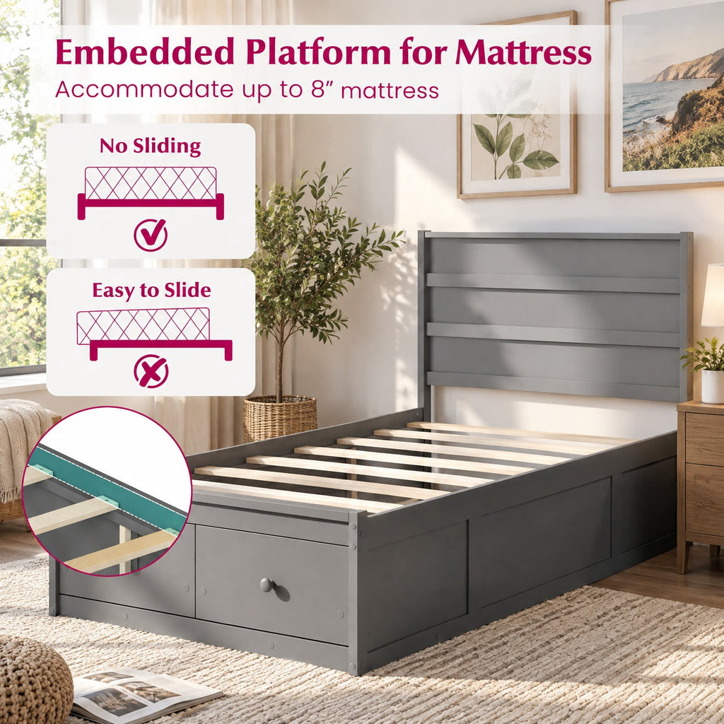 Airfind Twin Size Bed Frame with Storage Drawers and Headboard, 350 lbs Capacity, Solid Wood Plywood Engineered Wood MDF Frame, Gray