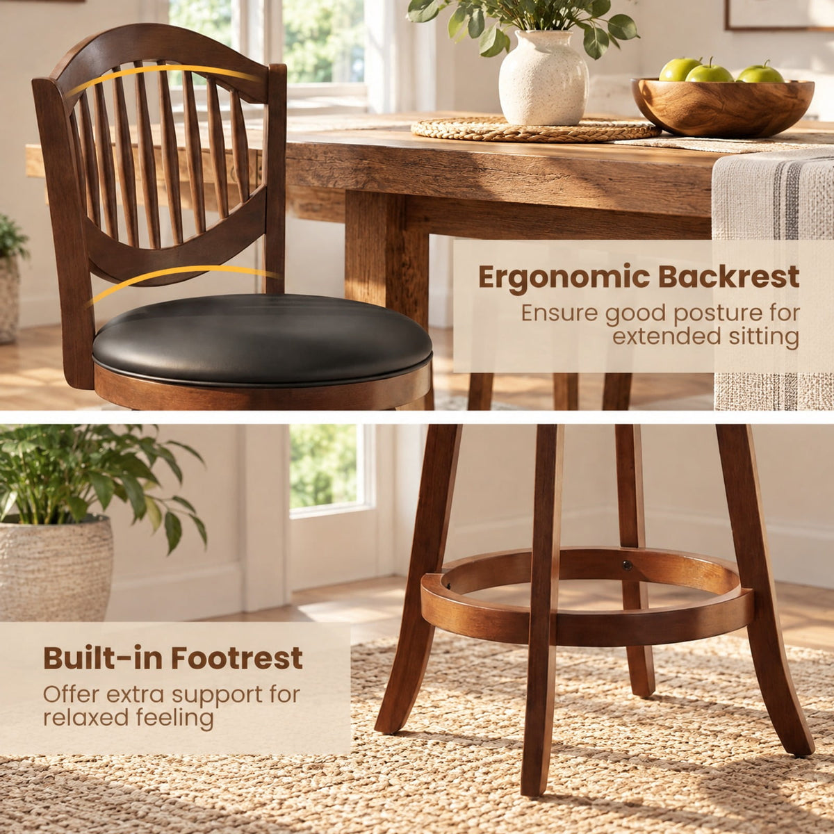 Airfind Swivel Bar Stools Set of 2 with Backrest and Wood Frame-25 Inches, 330 lbs Capacity, Rubber Wood PVC Leather Sponge Frame, Wood