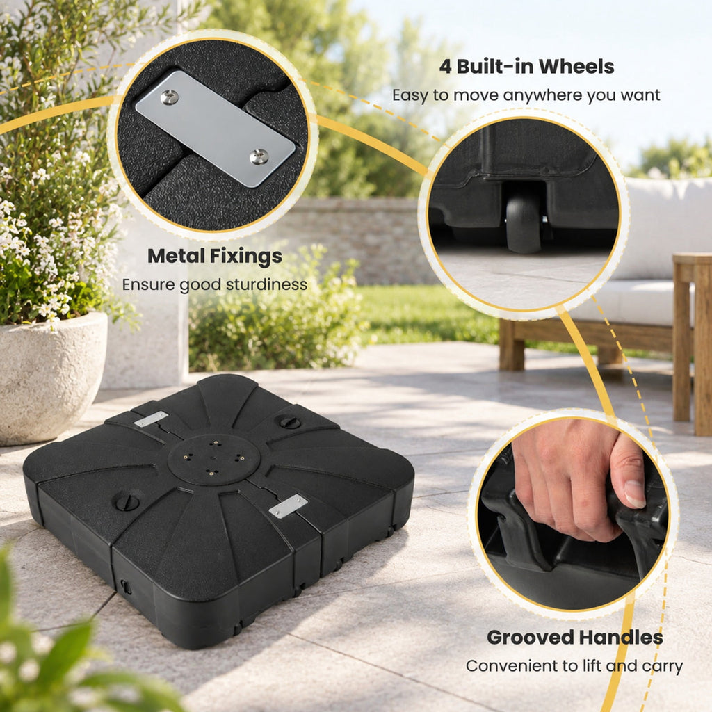 Airfind 260 lbs Offset Patio Umbrella Base with Wheels Sand Water Filled, HDPE Frame, Black, Overall Dimensions 33.5 x 33.5 x 8 (L