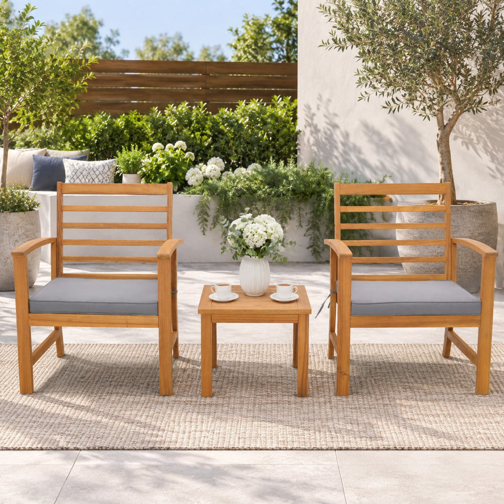 Airfind 3 Pieces Outdoor Furniture Set with Soft Seat Cushions, Chair 400 lbs Capacity, Acacia Wood Sponge Polyester Frame, Gray