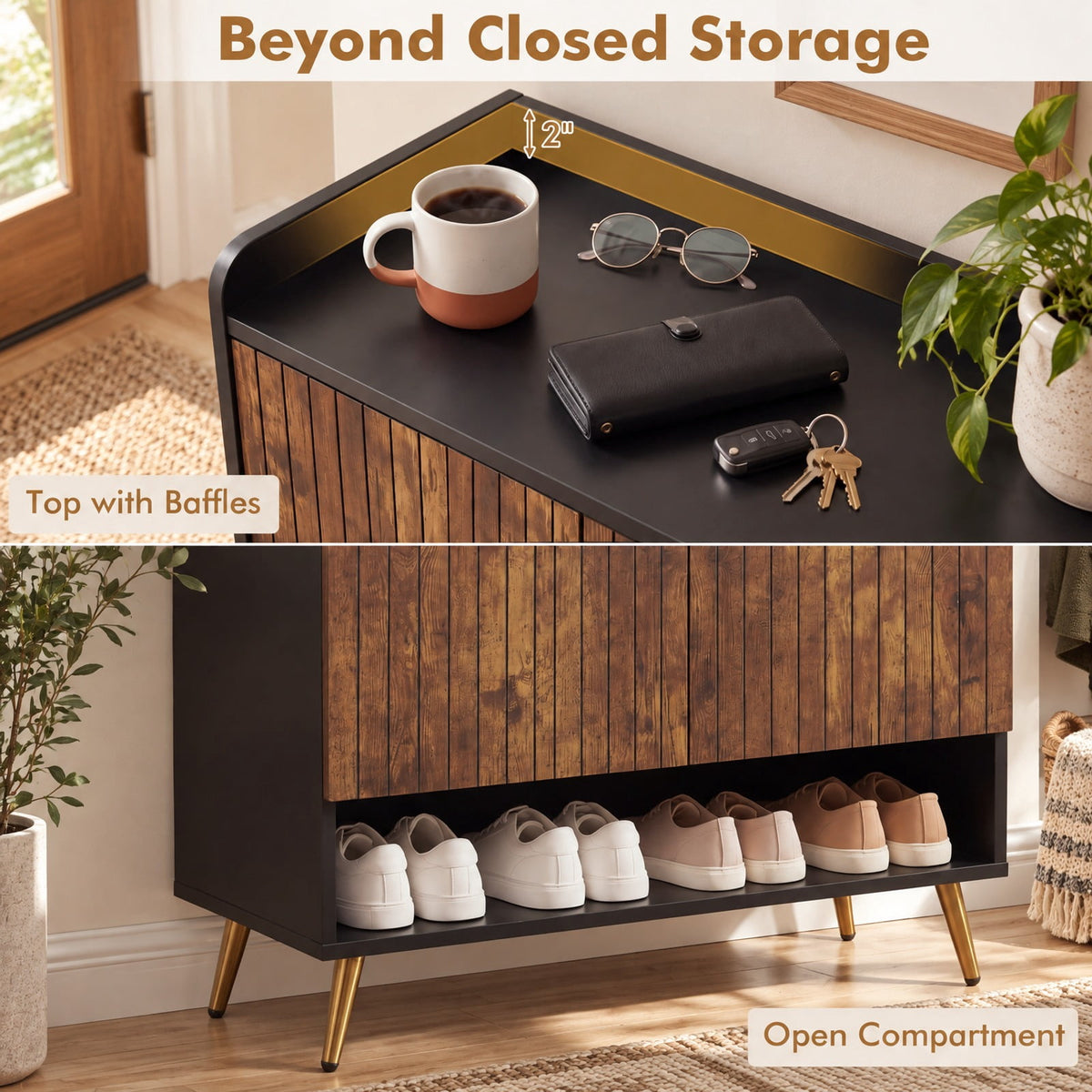 Airfind 44in Tall Shoe Storage Cabinet with 7-Tier Doors and Adjustable Shelves for Entryway, 110 lbs Capacity, Engineered Wood Metal Frame, Brown