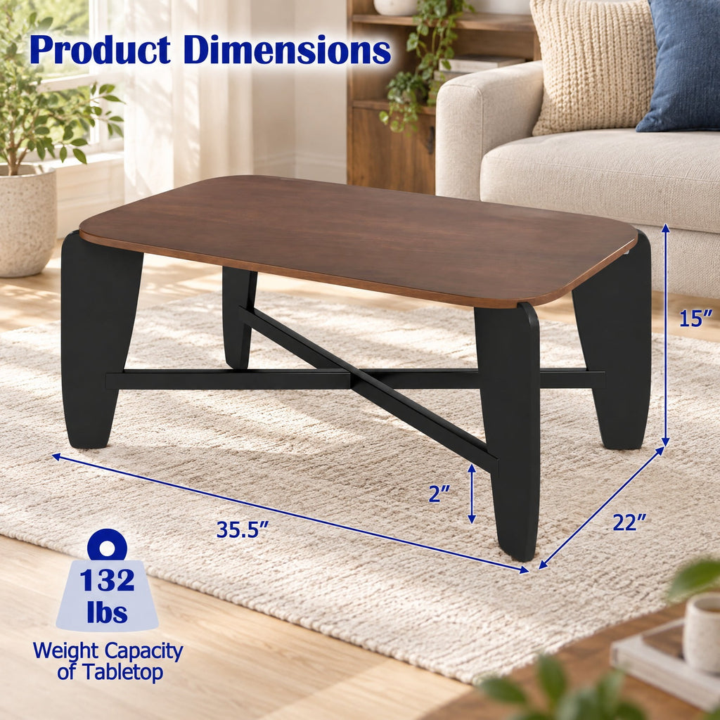 Airfind Modern Coffee Table with Rubber Wood Cross-Leg Base Rectangular Center Table, Walnut, Dimensions 35.5 x 22 x 15Ground Clear