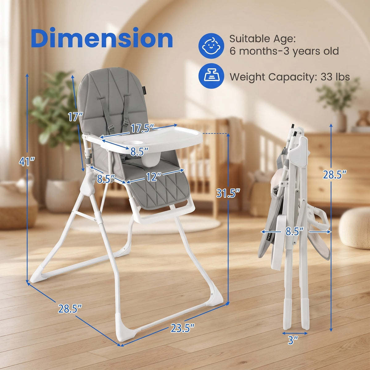 Airfind Easy Clean Compact Highchair with Removable Adjustable Tray and PU Seat Cushion, 33 lbs Capacity, PP Frame, for 6 months-3 years old, Gray