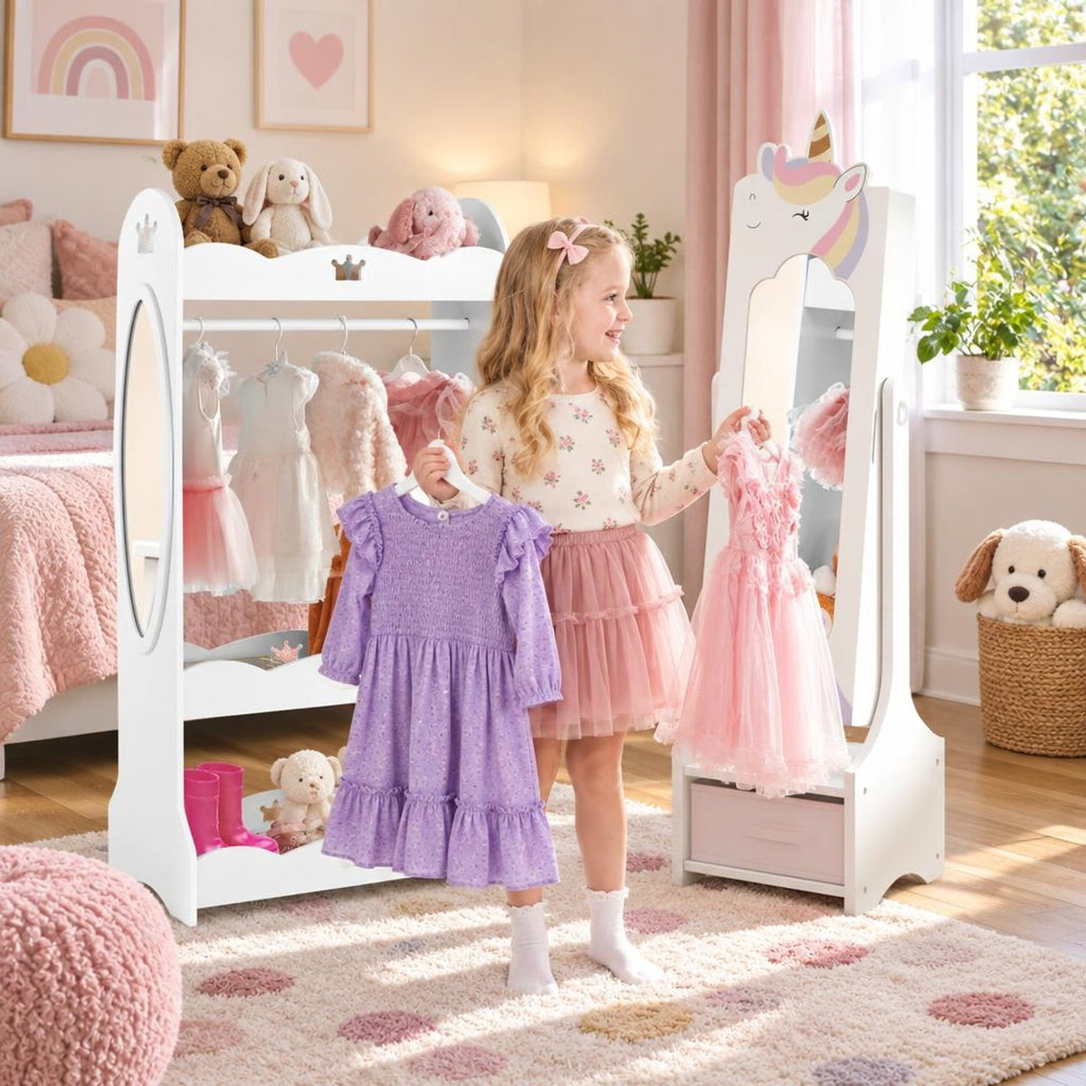 Airfind Kids Jewelry Armoire Cabinet with Storage and 2 Tilt Angles, MDF Frame, 12.5 x 12 x 45.5 Footprint, White