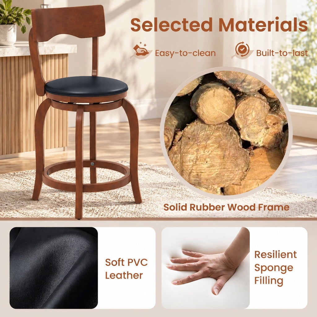 Airfind Swivel Bar Stools Set of 2 with Rubber Wood Frame and Upholstered Seat-24 Inch, 286 lbs Capacity, Rubber Wood Sponge PVC Frame, Wood