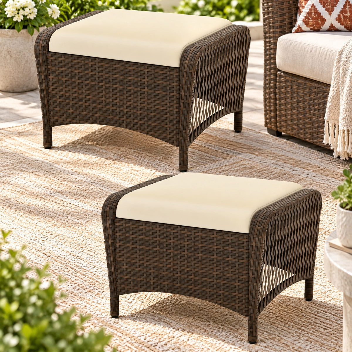 Airfind Set of 2 Outdoor Patio PE Wicker Ottomans with Removable Cushions, Ottoman 400 lbs Capacity, PE Rattan Metal Polyester Sponge Frame, Beige