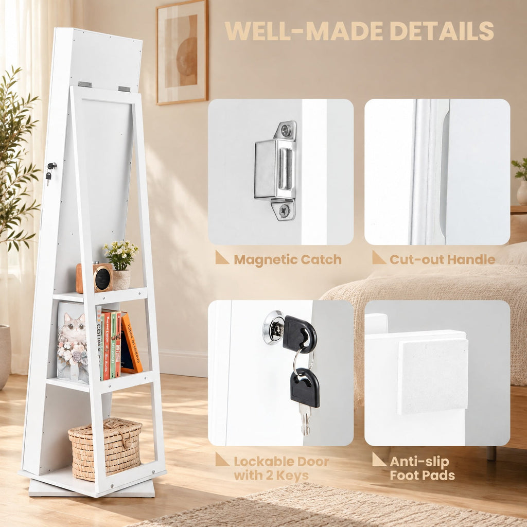 Airfind 360° Swivel Jewelry Armoire Standing Jewelry Organizer with Full Length Mirror and Back Shelves, MDF Glass Frame, White