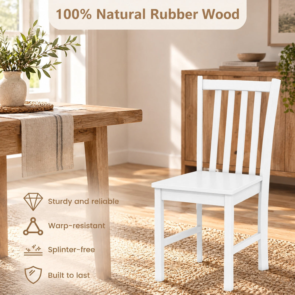 Airfind Rustic Dining Chairs Set of 2 Wooden Kitchen Chairs with Slat Tilt Backrest, Chair 330 lbs Capacity, Rubber Wood Frame, White