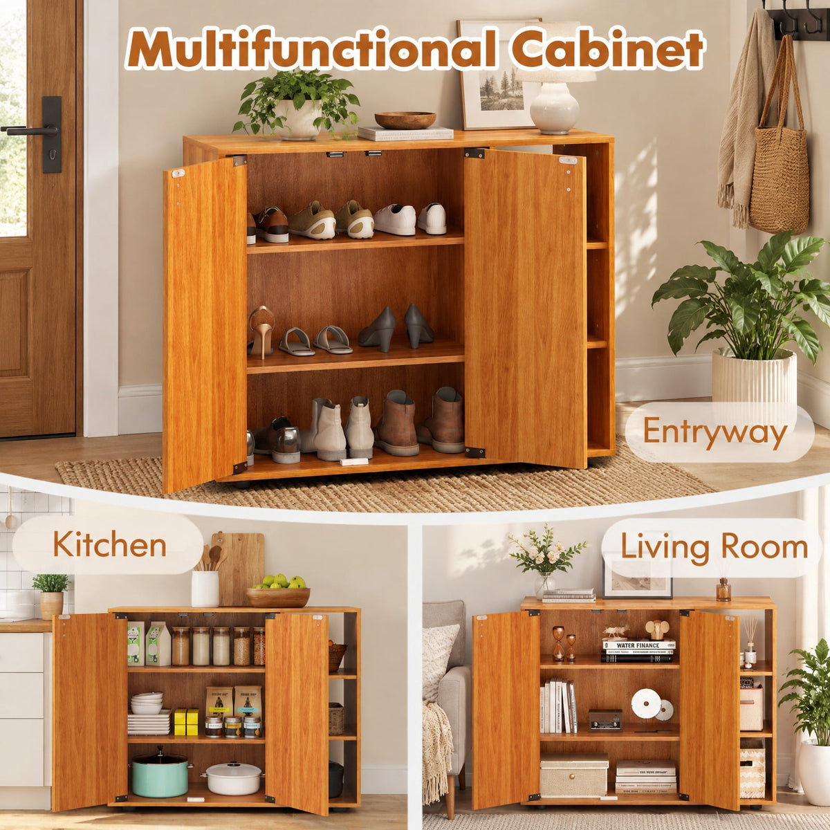 Airfind 3-Tier Shoe Cabinet with Doors with Adjustable Open Shelves for Entryway, 90 lbs Capacity, MDF Engineered Wood Frame, Natural