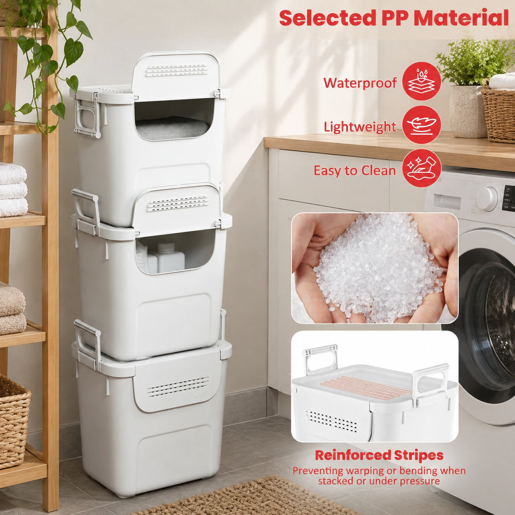 Airfind 3 Pieces Plastic Storage Bins Stackable with Front Door and Side Handles, 18 lbs Capacity, PP Frame, White