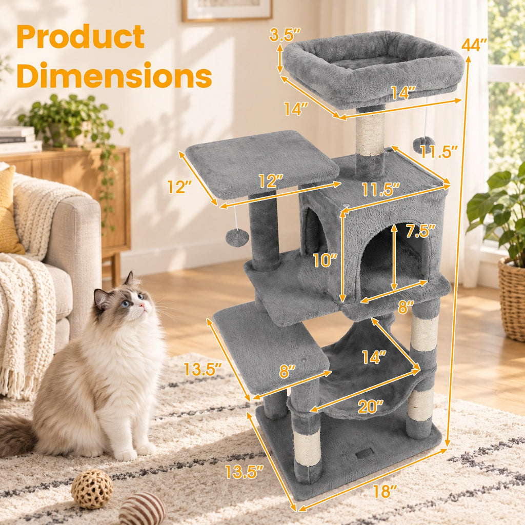 Airfind Multi-Level Cat Tower with 2-Door Condo and Padded Top Perch, PP Cotton Fabric Sisal Engineered Wood Overall Height 44 Base Frame