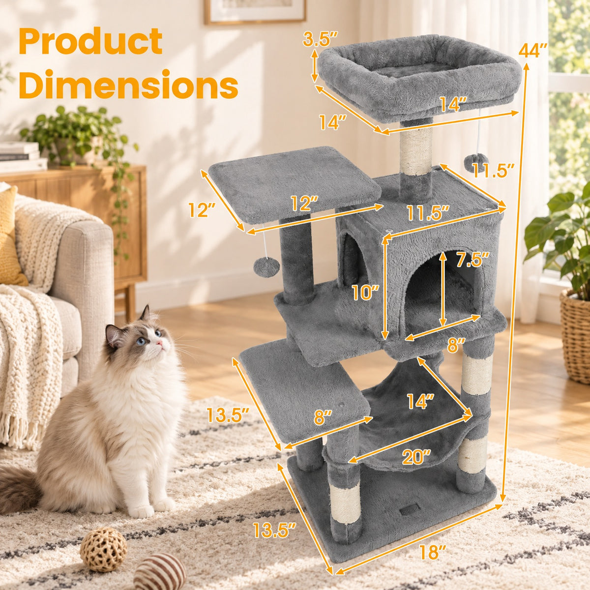 Airfind Multi-Level Cat Tower with 2-Door Condo and Padded Top Perch, PP Cotton Fabric Sisal Engineered Wood Overall Height 44 Base Frame