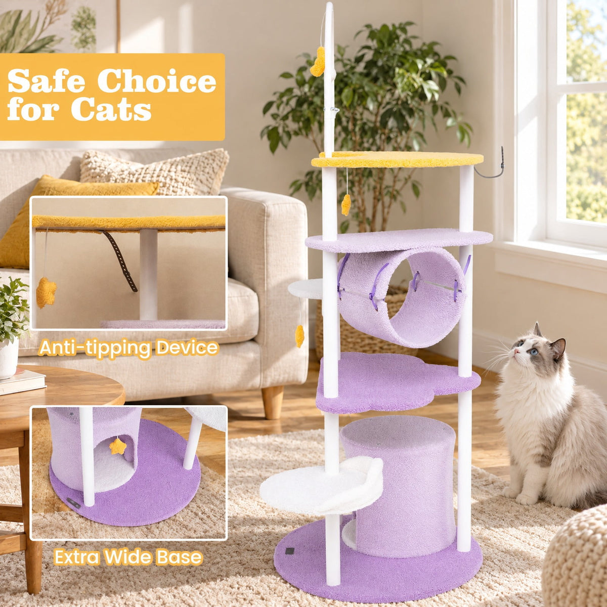 Airfind 62 Inches Large Cat Tower with Metal Frame and Jumping Platforms, 22 lbs Capacity, Purple, Diameter 24 Cat House