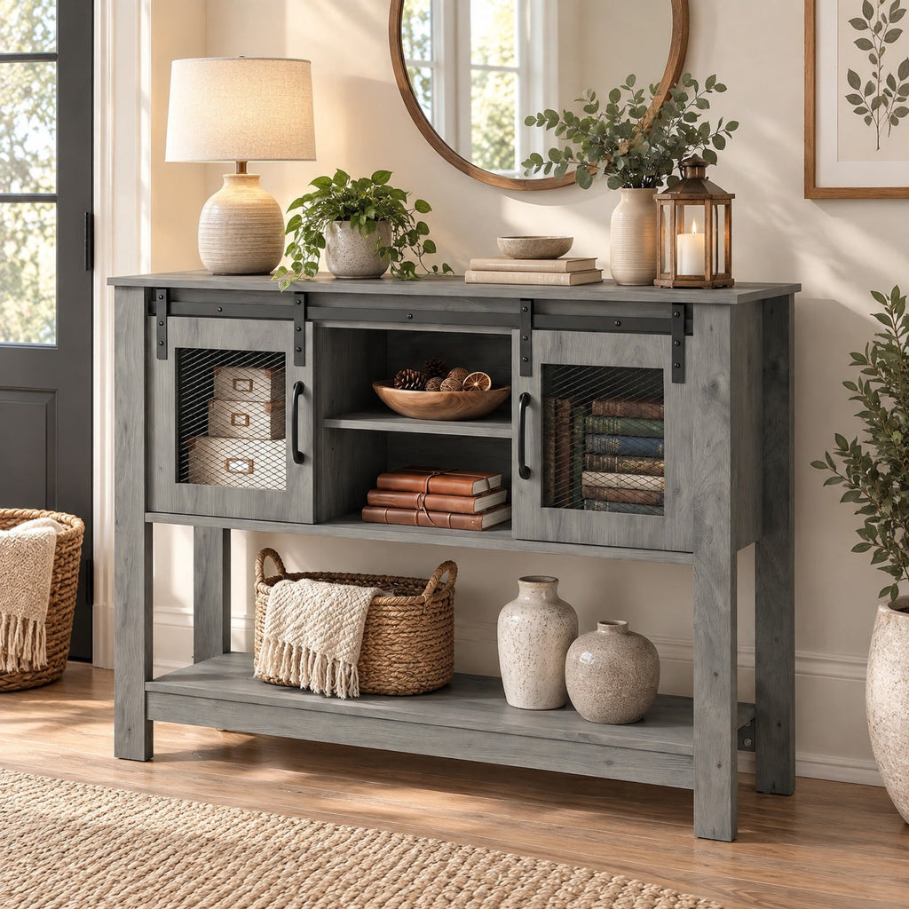 Airfind Console Table with Sliding Barn Doors and Storage Cabinets, 150 lbs Capacity, Engineered Wood Metal Frame, 40 x 12.5 x 32 Footprint, Gray