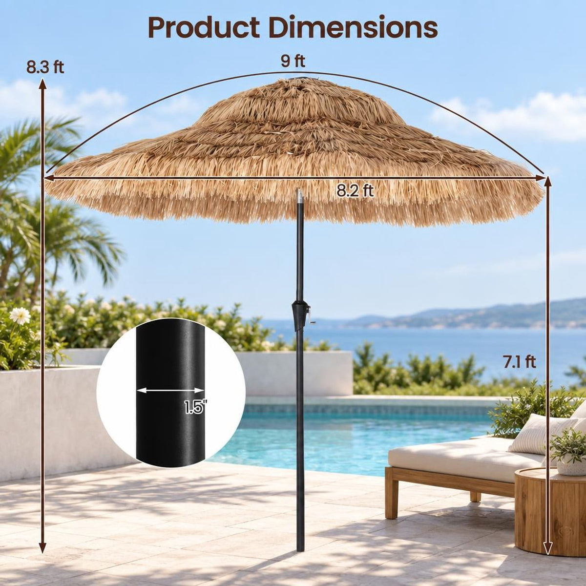 Airfind 9 FT Solar Thatched Tiki Umbrella with 96 Multi-colored Flowing Lights and 12 Modes, PE Thatch Polyester Fabric Metal Frame, Beige