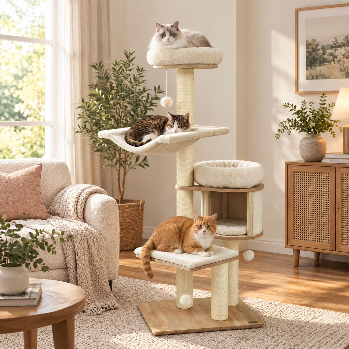Airfind 55in Solid Rubber Wood Cat Tree with Condo and Hammock and Scratching Posts for Adult Cats, Beige
