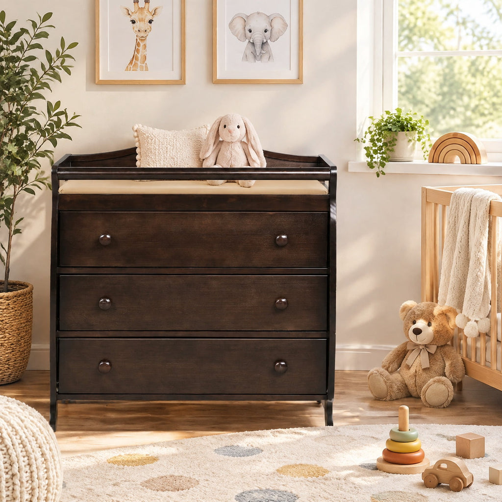 Airfind Baby Changing Table Infant Diaper with 3 Drawers and Safety Belt, Pine wood rubber wood MDF Frame, Brown