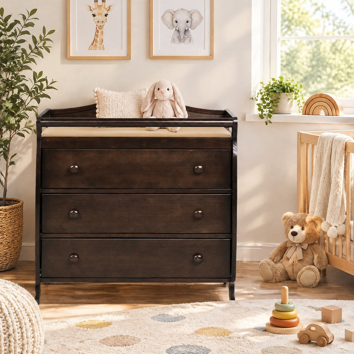 Airfind Baby Changing Table Infant Diaper with 3 Drawers and Safety Belt, Pine wood rubber wood MDF Frame, Brown