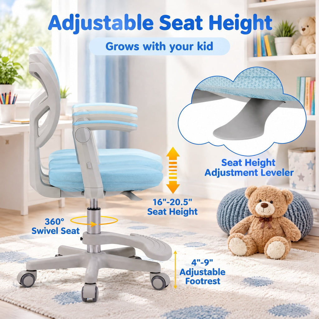 Airfind Kids Desk Chair Children Study Chair with Adjustable Height Armrest and Footrest, 330 lbs Capacity, PU Frame, Blue