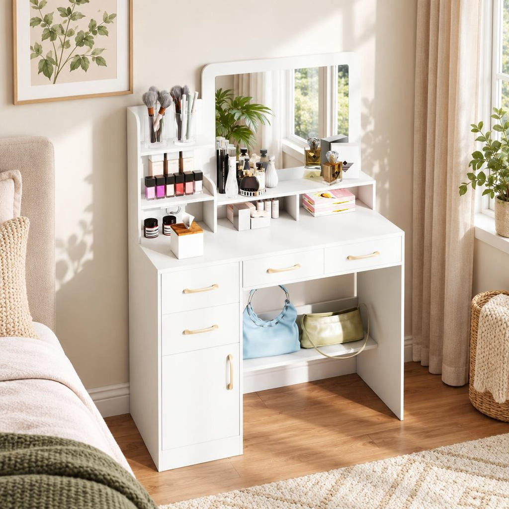 Airfind 39.5 Inch Vanity Desk with Power Outlets and Mirror for Bedroom, 85 lbs Capacity, 39.5in x 15.5in x 53inMirror Footprint, White