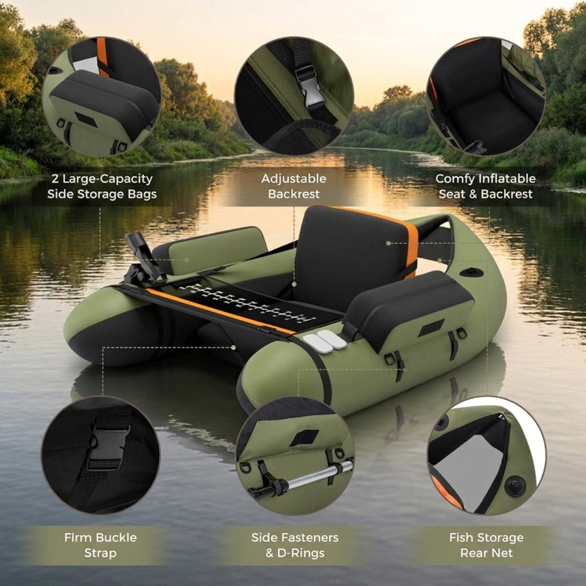 Airfind Inflatable Fishing Float Tube with foot pump and fish ruler plus mesh pockets and 350 lb heavy-duty PVC float seat for lake and pond bass fly fishing, Green
