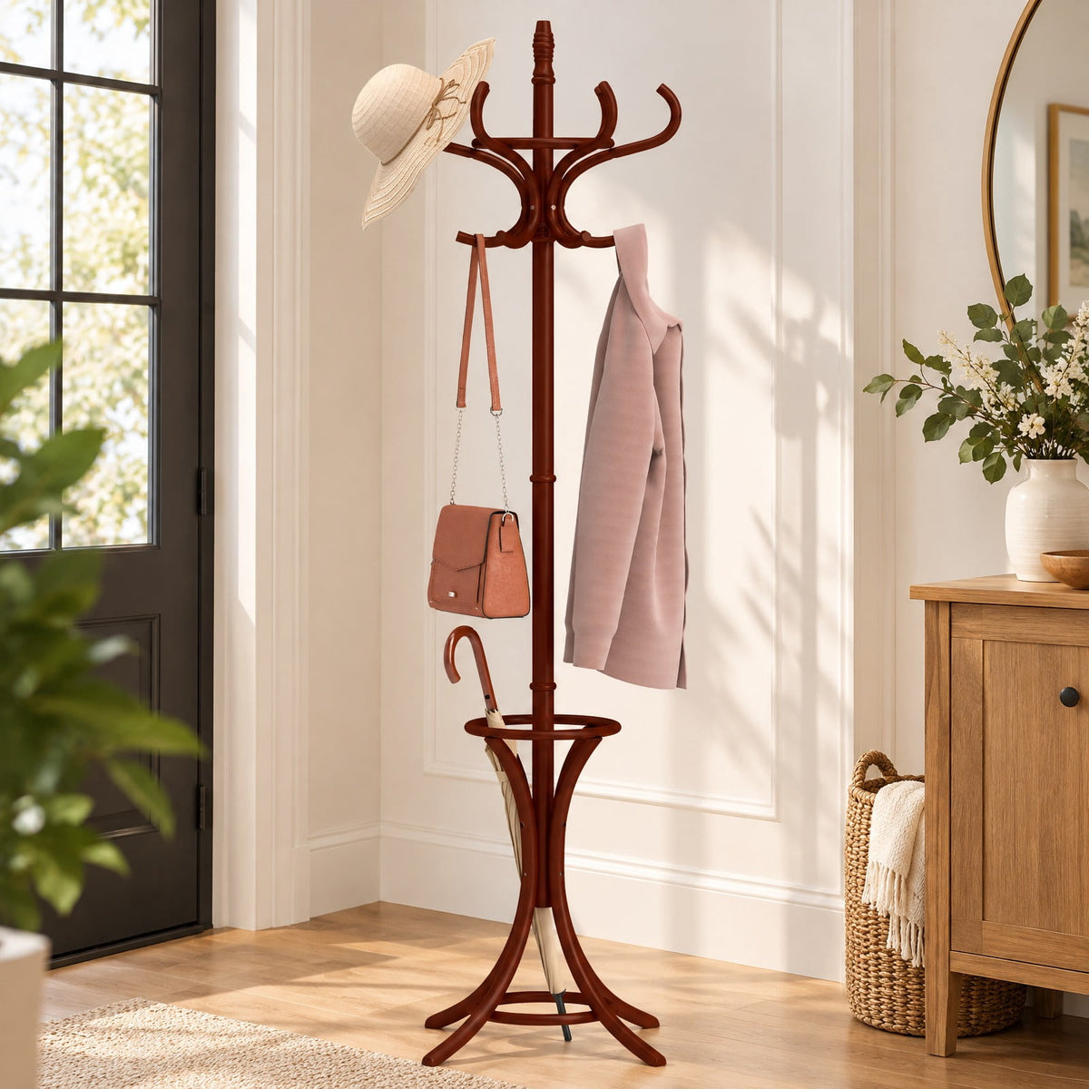Airfind Wood Standing Hat Coat Rack with Umbrella Stand, 22 lbs Capacity, 16in x 16in x 73in Footprint, Brown